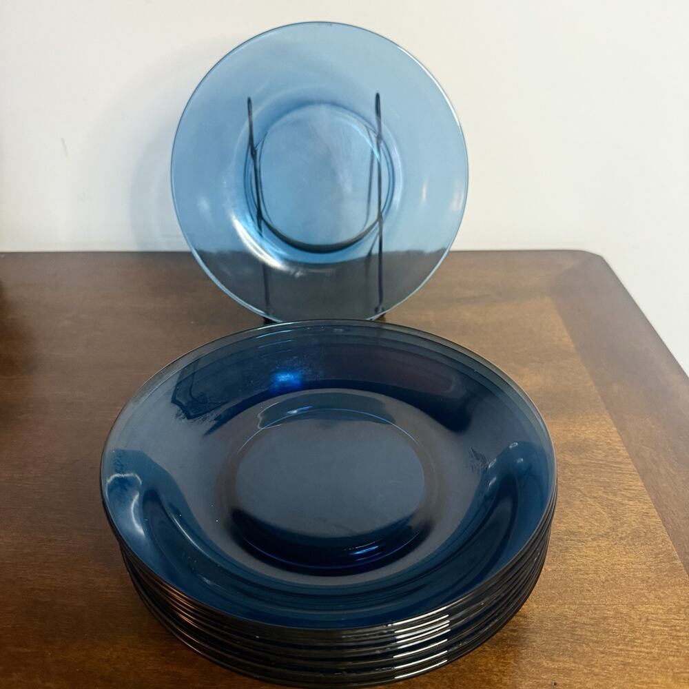 Vereco France Vintage MCM Blue Glass Dinner Plates 8” Set of 7